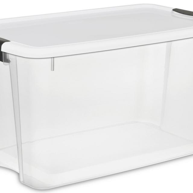Sterilite 19889804 70 Quart/66 Liter Ultra Latch Box, Clear with a White Lid and Black Latches, 4-Pack