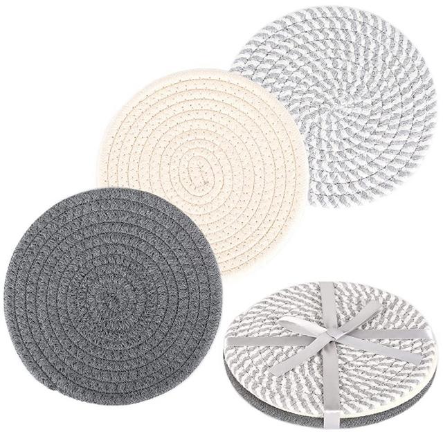 Kakamay Potholders Trivets Set 100% Pure Cotton Thread Weave(Set of 3),Kitchen Trivets Hot Pads for Hot Dishes Hot Pots and Pans by Diameter 7 Inches Grey
