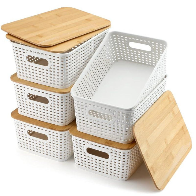 Set of 6 Plastic Storage Baskets Organizing Container Lidded Knit Storage Organizer Plastic Bins Pantry Organizers and Storage(White)
