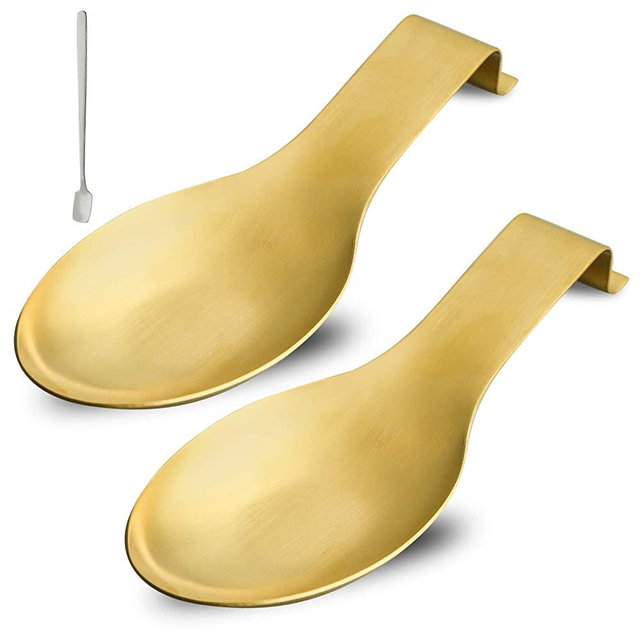 BETTWILL Stainless Steel Gold Spoon Rest for Kitchen Counter, Spoon Holder for Stove Top,Spatula Rest, Gold Cooking Utensil, Gold Kitchen Accessories (GOLD 2PCS)