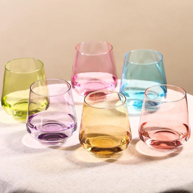 Physkoa Colored Stemless Wine Glasses Set of 6-17 oz Hand-Blown Crystal Colored Glassware with no Stem, Multicolor Wine Glass for Wine Lovers, Wedding, Birthday, Housewarming Gifts for Women