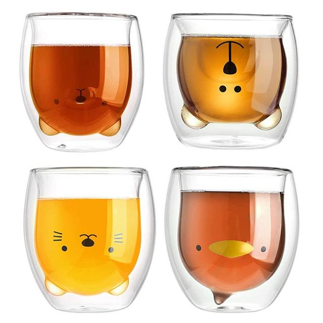 DUDNJC 4 PCS Creative Double Walled Glass Animal cup, Vacuum Insulated Double Walled Tea Cup, Coffee Mugs Milk Cup, Transparent Wine Shot Glass, Gift for Birthday & Other Special Days