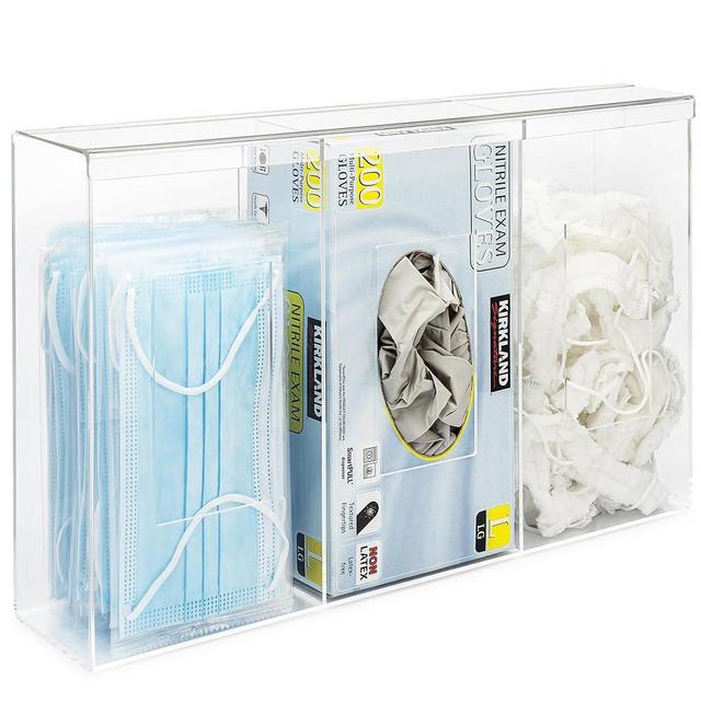 SimplyImagine Triple Hygiene Dispenser Station with Lid- Tabletop or Wall Floating Glove Holder- 3 Compartments Multifunctional Use- Medical Supplies, Tissues, Beard Cover, Individual Face Masks, Bags