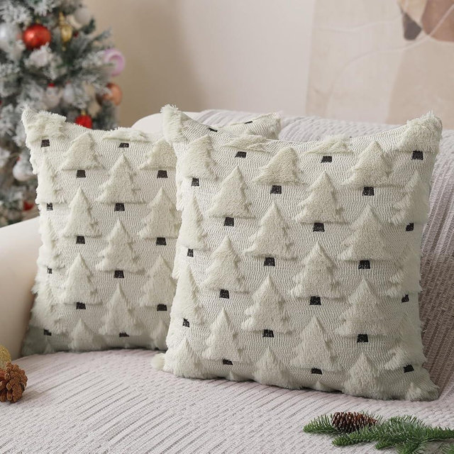 Allorry Christmas Pillow Covers 18x18 inch Set of 2 Christmas Decorations Soft Plush Faux Fur Wool Cream White Xmas Tree Throw Pillow Cases Winter Holiday Decor for Sofa Living Room PT-002D18