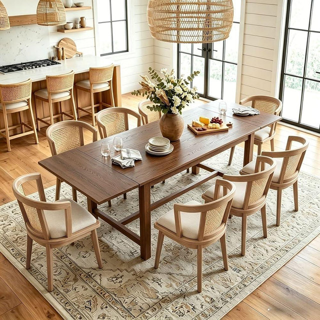 DM Furniture 9-Pieces Farmhouse Dining Table Set for 8, 59"-94" Extendable Kitchen Table & Upholstered Chairs, Solid Wooden Table with Woven Ratten Chair Living Room Restaurant - Walnut/Natural