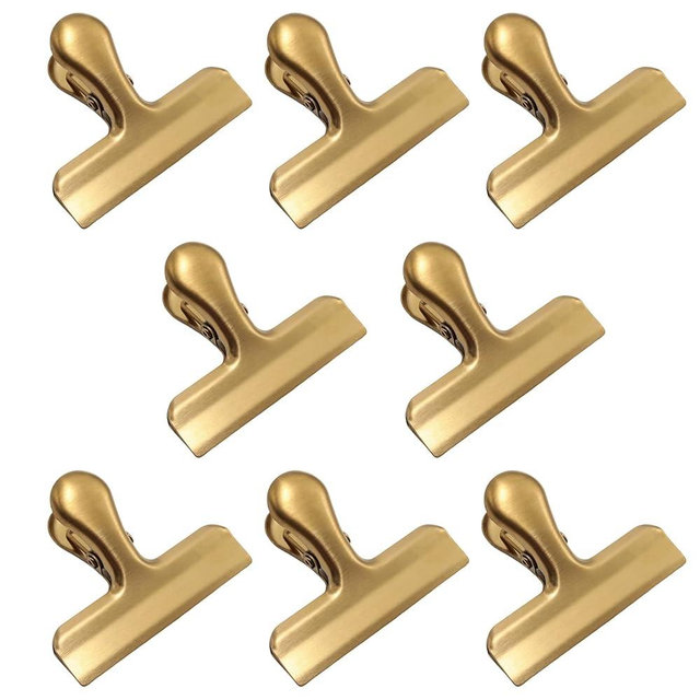 Yinluluna 8 Pack Metal Chip Clips, 3" Wide Bag Clip, Stainless Steel Heavy Duty Snack Clips for Food Packages, Chips, Coffee Bags, Paper, Kitchen and Office Storage Etc (Gold)