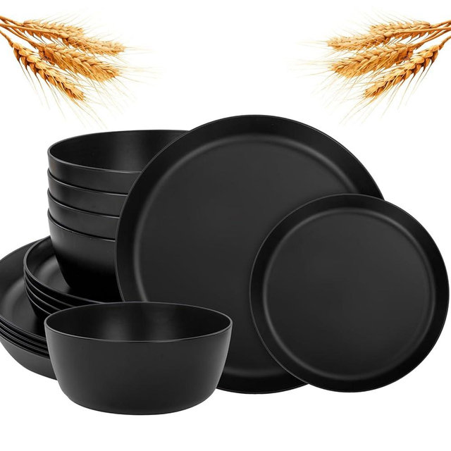 EI 12pcs Wheat Straw Dinnerware Set of 4,Plates and Bowls Sets,Reuasble Plates,Unbreakable Dinner Plates,Hard Premium Plastic Plates,Heavy Duty Plastic Plates for Camping,Picninc,Family Dinner