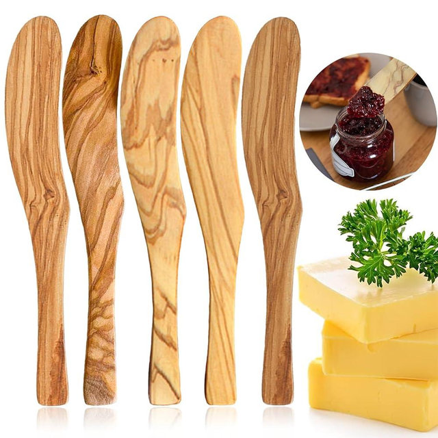 Olive Wooden Butter Knife Spreader, Handmade 6.8 Inch Peanut Butter Knives for Jam, Cheese, Cream, Bread Sandwich Spreaders, Mini Spreader Serving Utensil Set for Breakfast Picnic (5PCS Butter Knives)