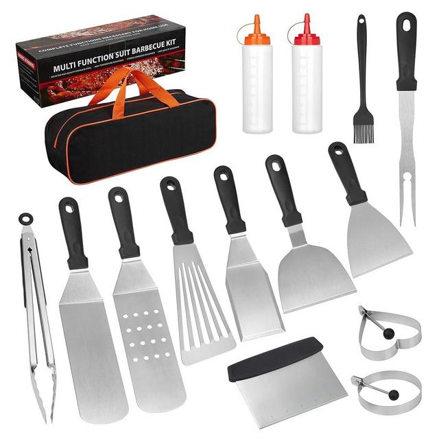 Flat Top Griddle Accessories Kit, 15 Pcs Stainless Steel Barbecue Tool Set for Blackstone and Camp Chef, Grill Spatula Tools Set with Egg Ring, Squeeze Bottles, Sauce Brush, for Teppanyaki Hibachi