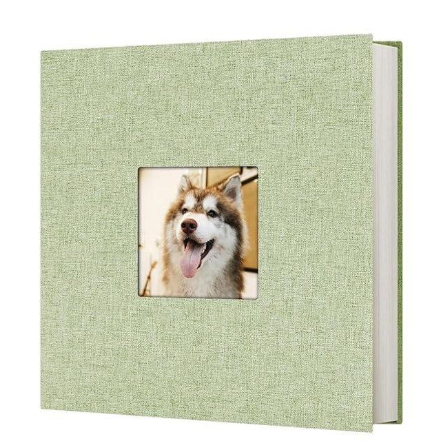 Photo Album Self Adhesive Scrapbook for 4x6 5x7 8x10 Pictures Linen Cover Scrapbook Album DIY with Display Window 40 Blank Pages with A Metallic Pen for Family Wedding Travel Baby, Green