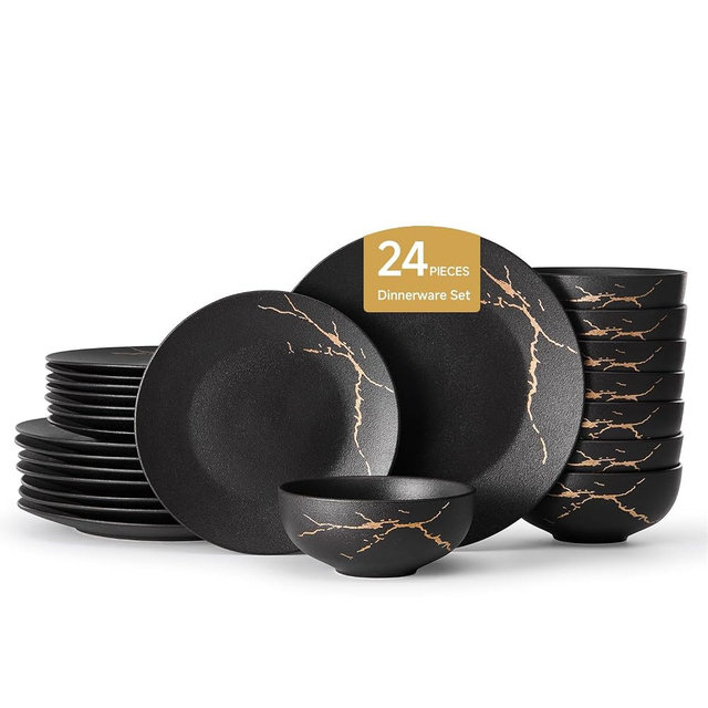 KINGSTONE Dinnerware Sets for 8, Black & Gold Plates and Bowls Sets Matte Vein Dish Set, Modern Luxury Tableware Dinner Salad Plate bowl, for Home Wedding Party Gifts (24 Piece)