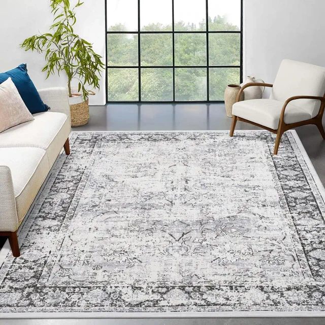 8x10 Washable Non-Slip Vintage Area Rug - Soft Pearl Velvet, Low Pile, Distressed Print, Non-Shedding - Perfect for Bedroom, Living Room, Gray