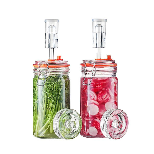 JILLMO 1 Liter Fermentation Jar, Glass Fermenting Kit with Weight for Making Sauerkraut, Hot Sauce, Mead, Cider and More, Pack of 2