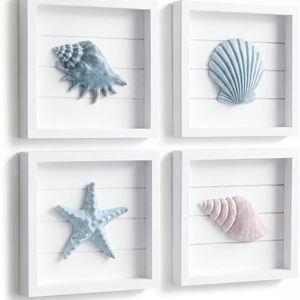 Tide and Tales 3D Seashells & Starfish Coastal Wall Art Decor (Framed Set of 4) Beach Wall Decor for Bathroom or Coastal Bedroom - Ocean Inspired Seaside Decorations for Home or Beach House (7"x7")