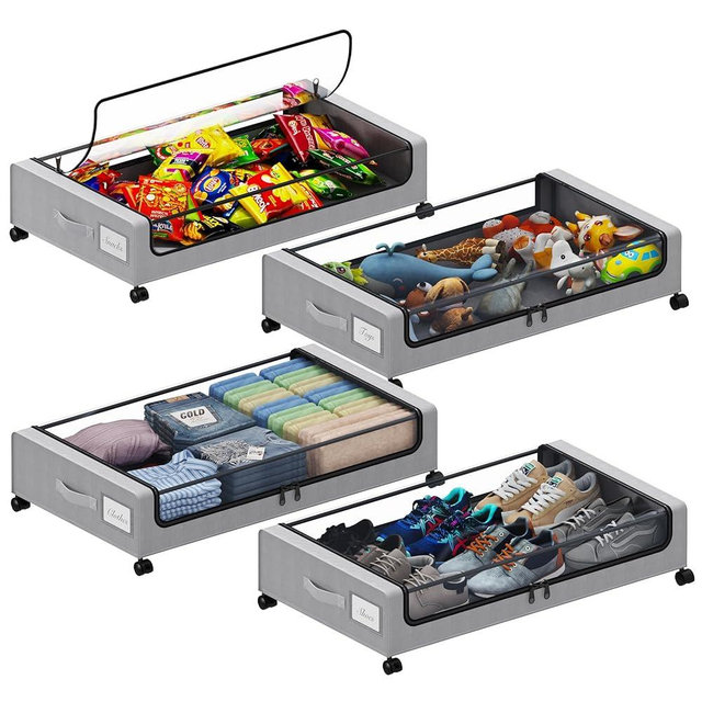 Tututry Under Bed Storage with Wheels, XXL 60L Under the Bed Storage Bins, Underbed Storage Containers with Lids & Label, Rolling Metal Drawer for Shoes, Clothes, Books, Toys (4-Pack Gray)