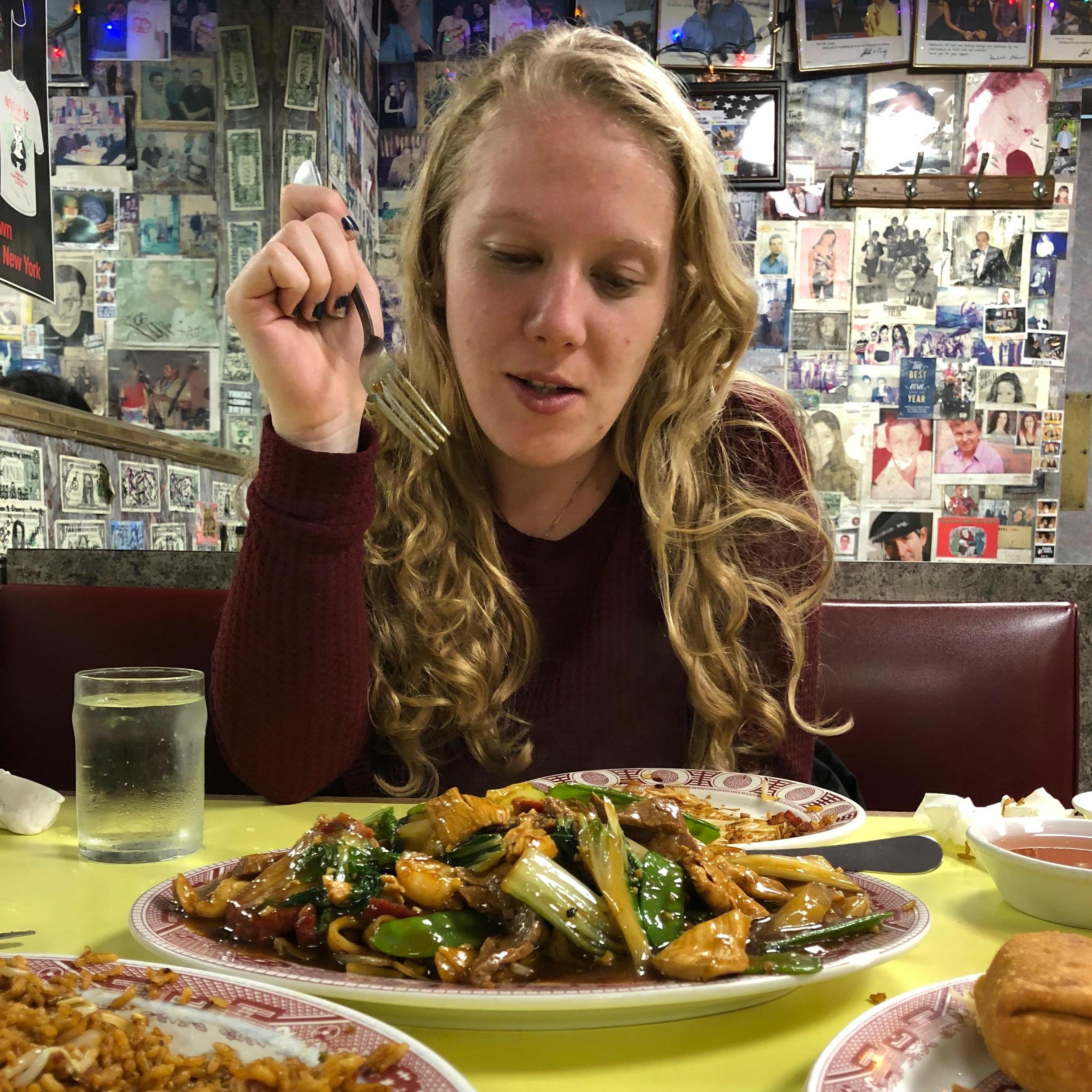 We have to have at least one picture from Wo Hop. Here, Rebecca, hair beautiful as always, is enjoying her 4D Chow Fun.