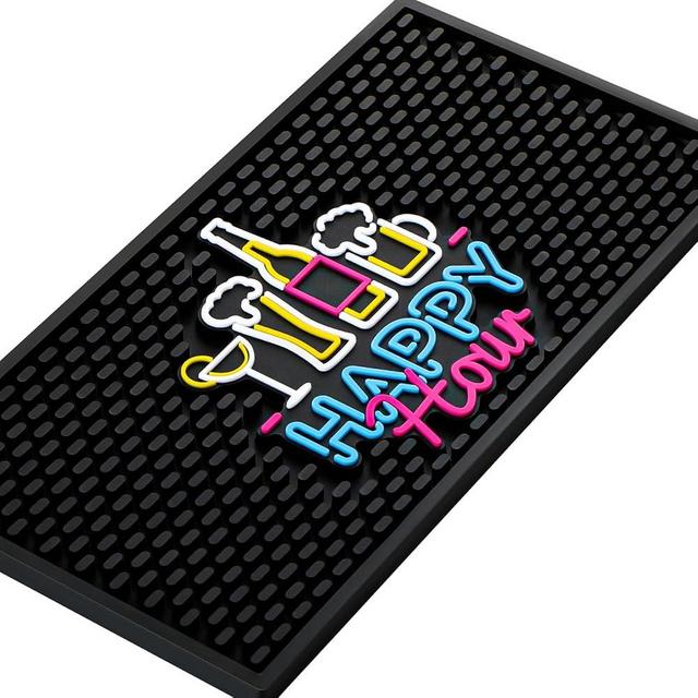 Preboun Bar Mat with Fluorescent Pattern Thick Rubber Non Slip Black Bar Spill Mats for Coffee Kitchen Restaurants Countertop Entertaining Home Service(1 Pcs,5.91 x 11.81 Inch)