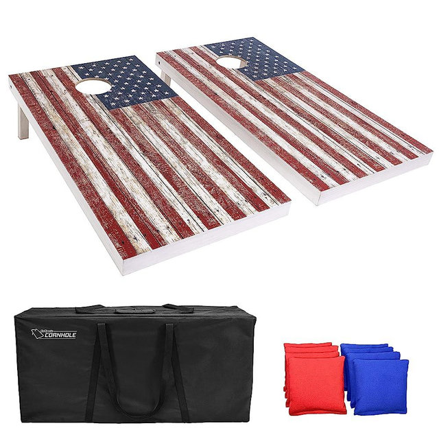 GoSports Regulation Size Premium Wooden Cornhole Set - Includes Two 4 ft x 2 ft Boards, 8 Bean Bags, Carrying Case and Game Rules - Retro Beach