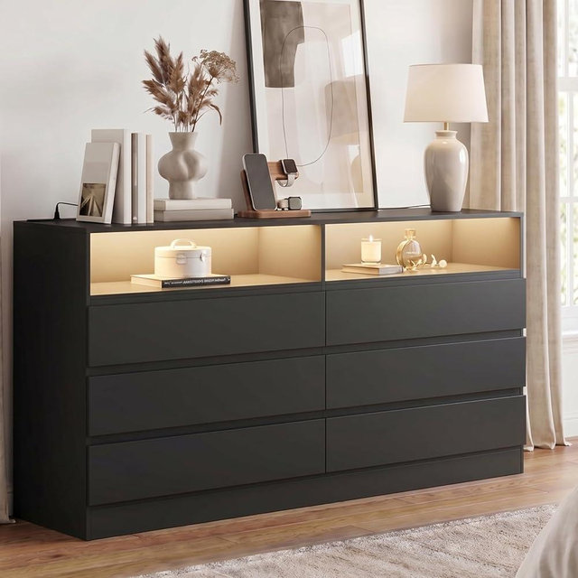Gyfimoie 6 Drawer Double Dresser with Power Outlet, Accent Chests of Drawers with LED Light, Modern White Storage Dresser with Charging Station (Mirror Not Included)