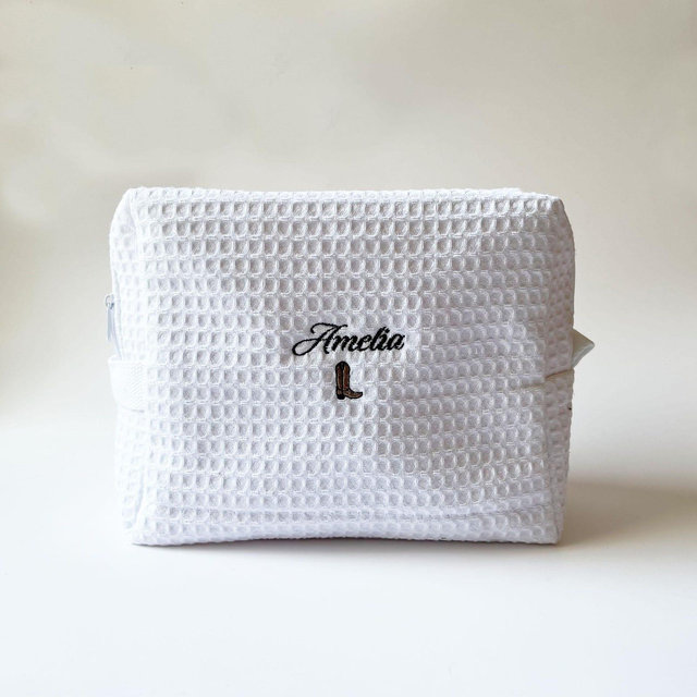 Chic Monogrammed Waffle Makeup Bag with Custom Personalized Embroidery - Perfect for Bridal Parties & Bachelorettes!