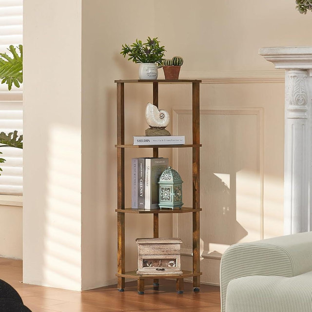 YUFAM 4-Tier Corner Shelf with Sturdy 5-Leg Base, Wooden Corner Bookshelf for Small Spaces, Corner Standing Shelf for Living Room, Bedroom, Office, Brown