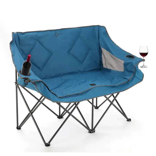 Arrowhead Outdoor Portable Folding Double Duo Camping Chair Loveseat Couch w/ 2 Cup & Wine Glass Holder, Supports up to 500lbs