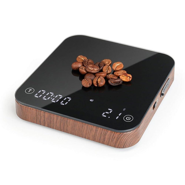 KitchenTour CaféMetric Coffee Scale with Timer 0.1g/2000g - Precision Small Scale for Espresso & Pour Over - Mini Scale with LED Display (Wood, Rechargeable)
