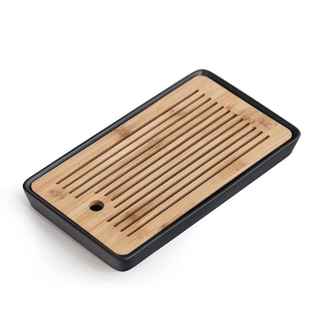 Ceramic Tea Tray, Double-Layer Bamboo Tray, for Tea Table (Rectangle, Black)