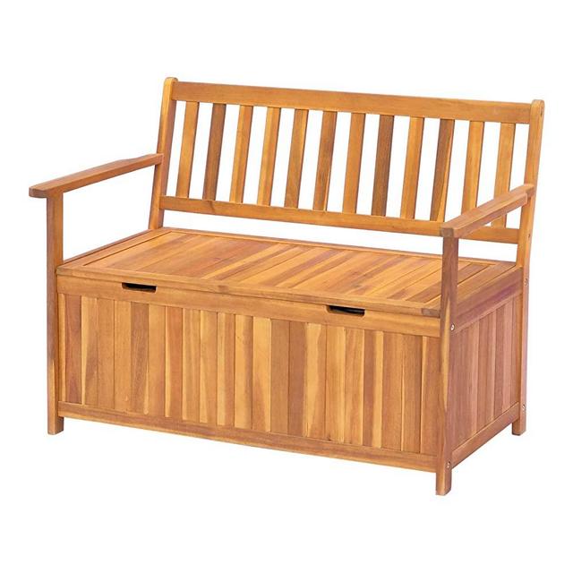 Outsunny 47.25" Wooden Outdoor Storage Bench with PE Lining Deck Box Storage Container and Seat Teak