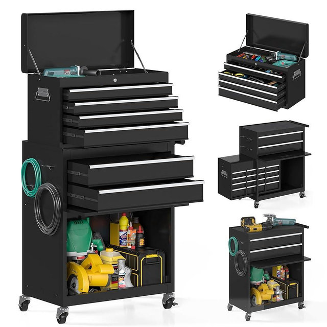 AirWire 6-Drawer Tool Chest, Rolling Tool Storage Cabinet with Enhanced Packaging, Detachable Top Tool Box, Liners,Tray Divider, Metal Tool Cart for Workshop Garage, Black