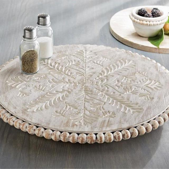 HUGE Hand Carved & Beaded White Wash Lazy Susan