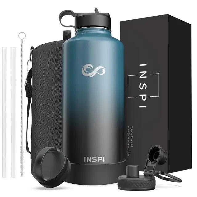 Water Bottles Insulated 87oz, INSPI Gallon Large Water Bottle with Straw3 Lids, Wide Mouth Triple Wall Vacuum Stainless Steel Metal Hydro Jug, Keep Cold for 48Hrs and Hot for 24Hrs, Indigo/Black