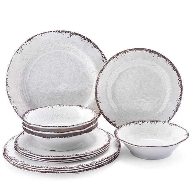 LEHAHA Vintage White Melamine Dinnerware set-12 Piece Lightweight Unbreakable Outdoor Camper Plates/Dishes and Bowls Set, Service for 4, Dishwasher Safe…