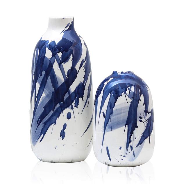 Set of 2 Indigo Pattern Flower Vases