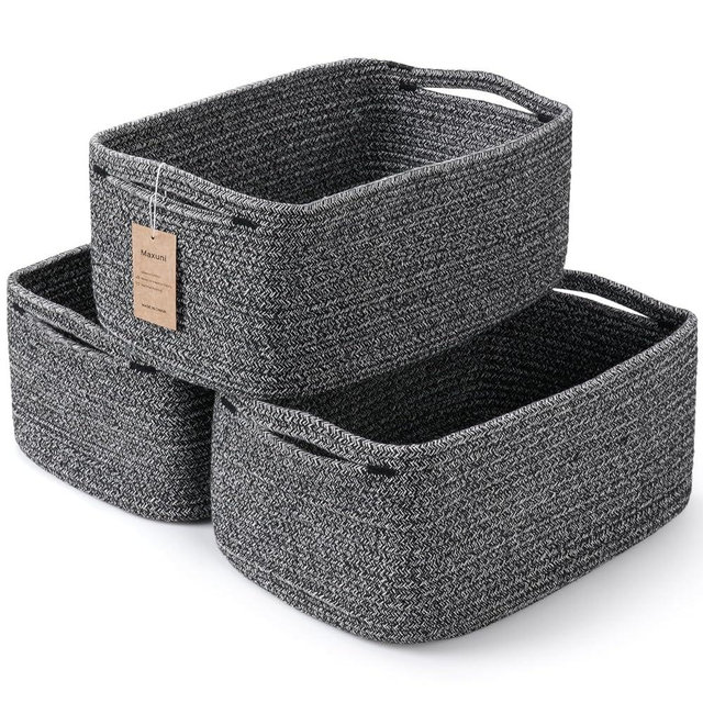 Maxuni 3-Pack Storage Baskets for Organizing | Woven Shelf Toy Basket | Rope Baskets for Gifts Empty | Closet Organizer Bins with Handles | Cube Decorative Box | 13.7×7.1×6.7” | Mixed Black