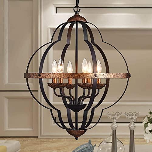 TZOE Orb 6-Light Chandelier，Rustic Vintage Metal Chandelier，Black＆Copper，Foyer Chandelier，Adjustable Height，Dining Light，Bedroom Lights,Living Room Lighting，Kichlen Chandelier UL Listed