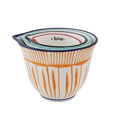 Creative Co-Op Hand Stamped Striped Stoneware Measuring Cups (Set of 4 Sizes/Designs)