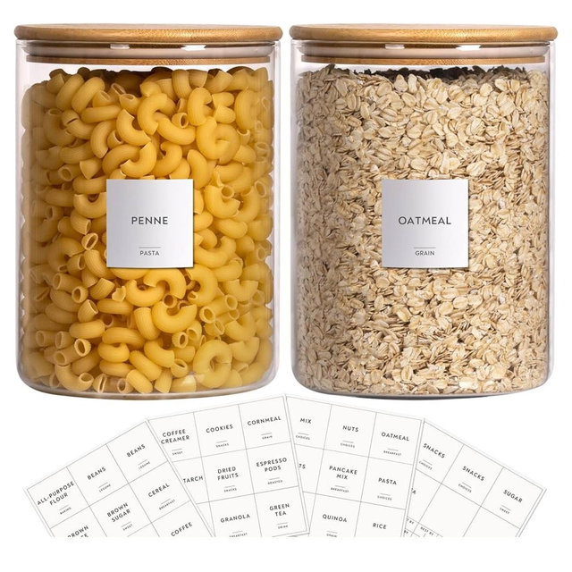 Laramaid 101oz 2Pack Glass Jar Canisters with Minimalist Labels, Round Pantry Jars with Bamboo Lids, Vinyl Customized Labels and White Pen, Food Storage Containers for Home, Kitchen and Pantry