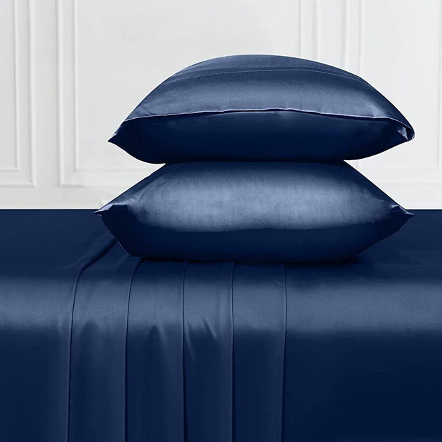 100% Bamboo Sheets - Queen Size Luxury Hotel Sheet and Pillowcase Set - Super Soft, Silky Cooling Sheets with Deep Pocket Fitted Sheet - 4-Piece Bedding Sets ( Navy Blue )