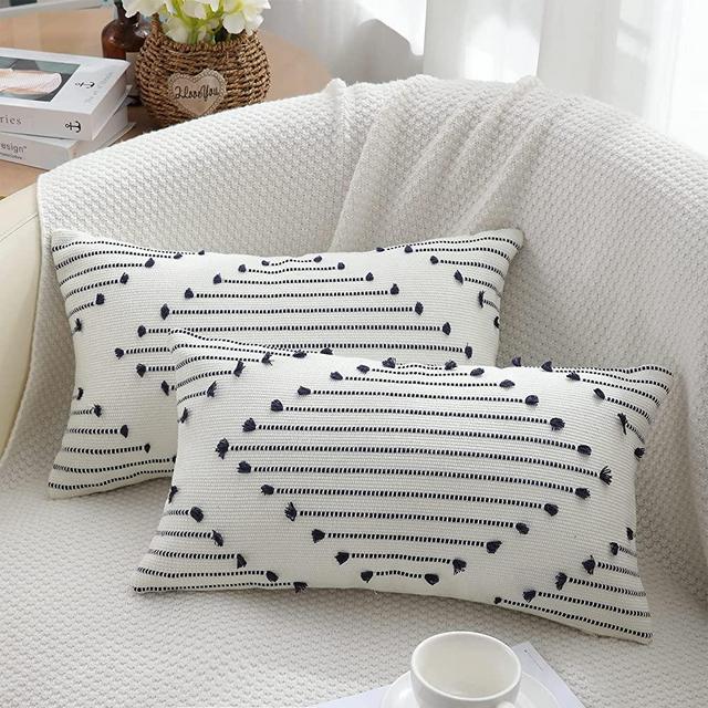 Mecatny Boho Throw Pillow Covers Navy and Cream White Pillow Covers 12X20 Set of 2 Farmhouse Lumbar Pillow Covers for Couch Sofa Living Room
