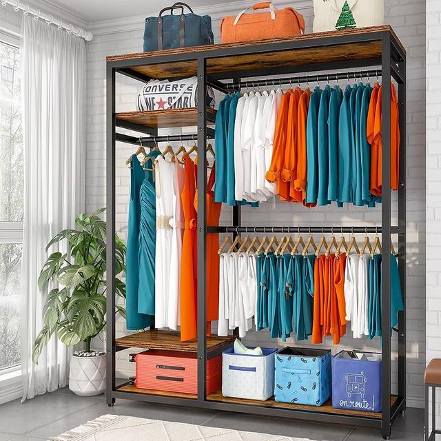 Raybee Free Standing Closet Organizer Heavy Duty Clothing Rack with Shelves Capacity 400LBS 71"H Freestanding Closet Organizer Clothes Rack Garment Rack for Hanging Clothes Metal Wooden Clothing Racks