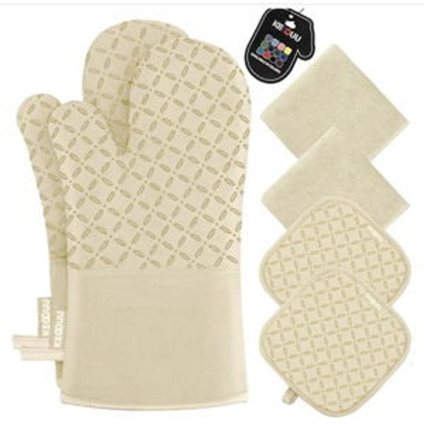 KEGOUU Oven Mitts and Pot Holders 6pcs Set, Kitchen Oven Glove High Heat Resistant 500 Degree Extra Long Oven Mitts and Potholder with Non-Slip Silicone Surface for Cooking (Grey)