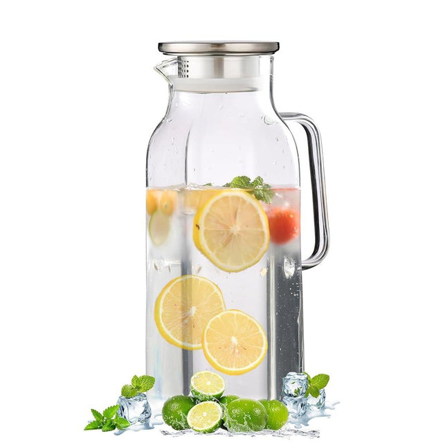 1.8 Liter Glass Pitcher with lid 60oz Glass Water Pitchers for Fridge Heat Resistant Glass Water Carafe with Handle for Party Water Jugs Tea pitcher Lemonade Iced Tea Jug Juice or Drinks