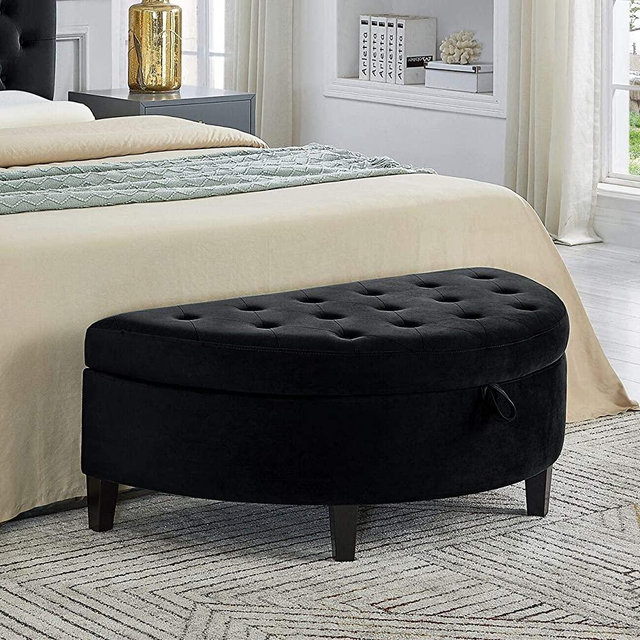 24KF Velvet Upholstered Tufted Button Half Moon Storage Bench Large Ottoman Soft Padded Seat Dressing Shoe Bench -Black