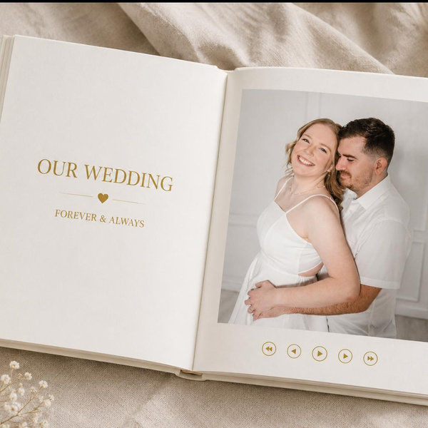 The Motion Books (OUR WEDDING - GOLD FOIL) | Luxury Linen Bound Wedding Video Book | Gold foil stamping | Up to 3 hours of video, 7” IPS Display, 4GB of memory & Rechargeable Battery