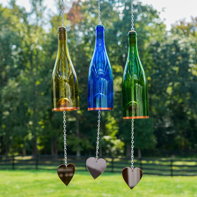 Three Glass Wine Bottle Wind Chimes - Gift for Mom - Garden Gift - Outdoor Decor - Wind Chimes Handmade - Backyard Decor - Yellow-Blue-Green