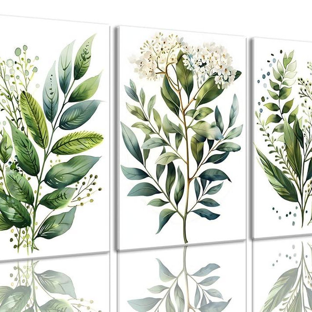 Bwodke Botanical Wall Art Plant Floral Watercolor Poster Canvas Prints Set of 3 Framed Sage Green Painting Eucalyptus Leaf Picture Modern Minimalist Home Decor Bedroom Bathroom Living Room