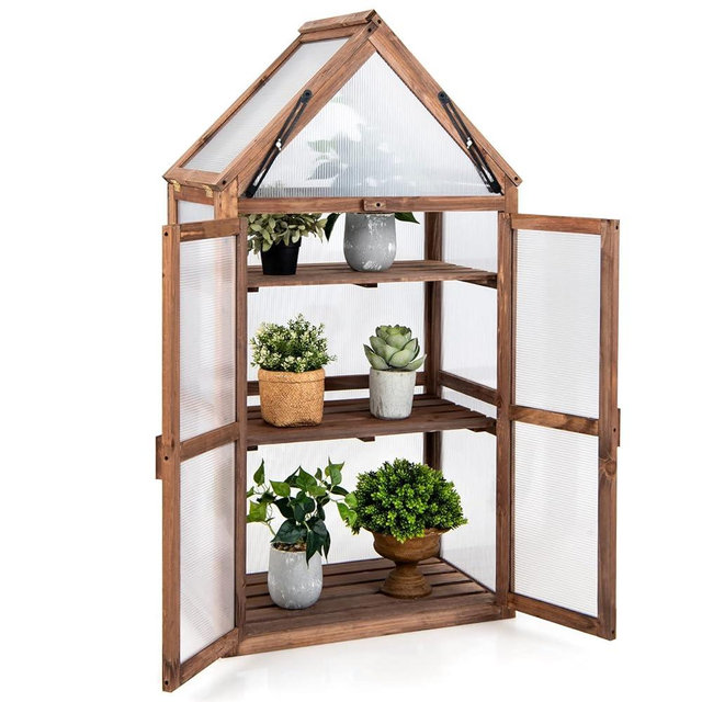 Happygrill Cold Frame Mini Wooden Greenhouse, Raised Flower Planter Shelf with Transparent Openable Roof, Double Doors & 3 Tier Shelves for Garden Yard Balcony