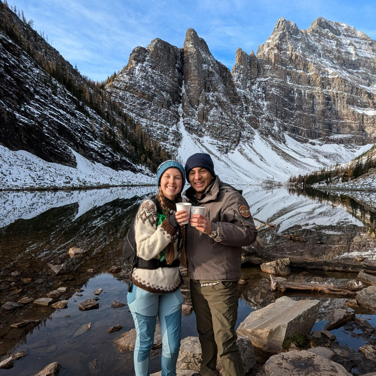 Enjoying tea from the Lake Agnes Teahouse in Alberta.