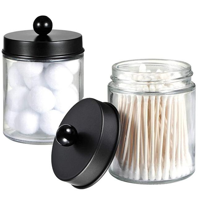 Apothecary Jars Bathroom Storage Organizer - Cute Qtip Dispenser Holder Vanity Canister Jar Glass with Lid for Cotton Swabs,Rounds,Bath Salts,Makeup Sponges,Hair Accessories/Black（2 Pack）